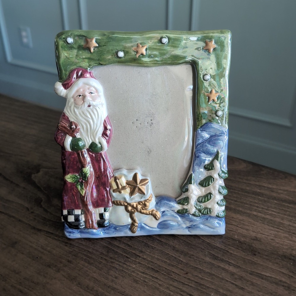 Vintage Hand Painted‎ Ceramic Santa Picture Frame Christmas Glossy Holiday Decor